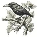 black bird sitting on tree branch next to a frog tattoo design idea