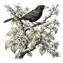 black bird sitting on tree branch next to a frog tattoo design idea