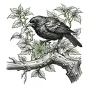 black bird sitting on tree branch next to a frog tattoo design idea