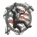 A stylized Puerto Rican flag with a silhouette of a lineman working on a power line in the background tattoo design idea