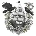 An intricate design of intertwining trees forming a pirate ship, with the coqui frog and black raven as the figurehead tattoo design idea