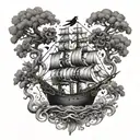 An intricate design of intertwining trees forming a pirate ship, with the coqui frog and black raven as the figurehead tattoo design idea