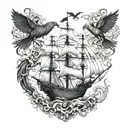 An intricate design of intertwining trees forming a pirate ship, with the coqui frog and black raven as the figurehead tattoo design idea