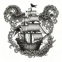 An intricate design of intertwining trees forming a pirate ship, with the coqui frog and black raven as the figurehead tattoo design idea