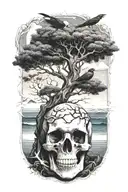 skull rising from ocean with tree growing out of skull and raven pearched on tree tattoo design idea