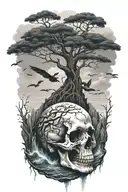 skull rising from ocean with tree growing out of skull and raven pearched on tree tattoo design idea