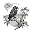A mystical island with a lone black raven perched on a tree overlooking the beach tattoo design idea