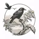 A mystical island with a lone black raven perched on a tree overlooking the beach tattoo design idea