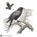 A mystical island with a lone black raven perched on a tree overlooking the beach tattoo design idea