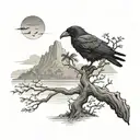 A mystical island with a lone black raven perched on a tree overlooking the beach tattoo design idea