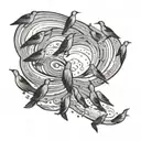 A flock of birds forming the shape of a hurricane in black-grey style tattoo design idea