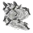 A flock of birds forming the shape of a hurricane in black-grey style tattoo design idea