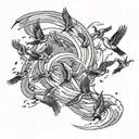 A flock of birds forming the shape of a hurricane in black-grey style tattoo design idea