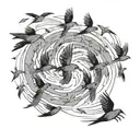 A flock of birds forming the shape of a hurricane in black-grey style tattoo design idea
