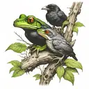 frog sitting next to  raven sitting on tree branch together  tattoo design idea