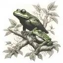 frog sitting next to  raven sitting on tree branch together  tattoo design idea