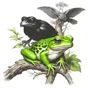 frog sitting next to  raven sitting on tree branch together  tattoo design idea