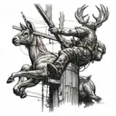 A lineman climbing a utility pole with a buck deer perched on top, in a black-grey color palette tattoo design idea