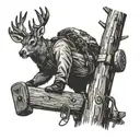 A lineman climbing a utility pole with a buck deer perched on top, in a black-grey color palette tattoo design idea