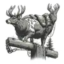 A lineman climbing a utility pole with a buck deer perched on top, in a black-grey color palette tattoo design idea