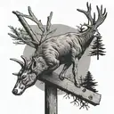 A lineman climbing a utility pole with a buck deer perched on top, in a black-grey color palette tattoo design idea