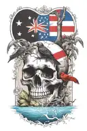 skull half under water, with tree,, coqui frog, and Puerto Rican flag l, add raven on tree tattoo design idea