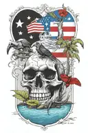 skull half under water, with tree,, coqui frog, and Puerto Rican flag l, add raven on tree tattoo design idea