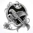 A black and grey tattoo of a parrot flying over a skull half-submerged in the ocean, with intricate details in the feathers and waves tattoo design idea