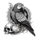 A black and grey tattoo of a parrot flying over a skull half-submerged in the ocean, with intricate details in the feathers and waves tattoo design idea