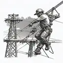 A unique tattoo design featuring a lineman working on power lines in a Puerto Rican landscape, incorporating elements of black-grey shading for depth and detail tattoo design idea