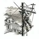 A unique tattoo design featuring a lineman working on power lines in a Puerto Rican landscape, incorporating elements of black-grey shading for depth and detail tattoo design idea
