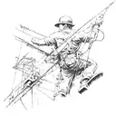 A unique tattoo design featuring a lineman working on power lines in a Puerto Rican landscape, incorporating elements of black-grey shading for depth and detail tattoo design idea