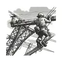 A unique tattoo design featuring a lineman working on power lines in a Puerto Rican landscape, incorporating elements of black-grey shading for depth and detail tattoo design idea