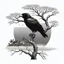 A mystical island with a lone black raven perched on a tree overlooking the beach, abstract skull with Puerto Rico flag tattoo design idea