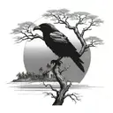A mystical island with a lone black raven perched on a tree overlooking the beach, abstract skull with Puerto Rico flag tattoo design idea
