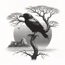 A mystical island with a lone black raven perched on a tree overlooking the beach, abstract skull with Puerto Rico flag tattoo design idea