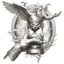zeus hand delicately grasping an hourglass, surrounded by wispy clouds and lightning bolts tattoo design idea