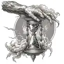 zeus hand delicately grasping an hourglass, surrounded by wispy clouds and lightning bolts tattoo design idea