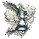 zeus hand delicately grasping an hourglass, surrounded by wispy clouds and lightning bolts tattoo design idea