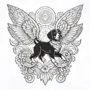 An intricate tattoo design of a dog with wings, inspired by Apollo's association with the sun and light, symbolizing loyalty and strength tattoo design idea