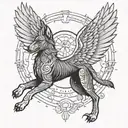 An intricate tattoo design of a dog with wings, inspired by Apollo's association with the sun and light, symbolizing loyalty and strength tattoo design idea