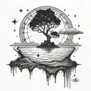 A surreal tattoo of an island floating in the sky, with a lone tree reaching towards the stars and philosophical symbols scattered throughout tattoo design idea