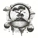 A surreal tattoo of an island floating in the sky, with a lone tree reaching towards the stars and philosophical symbols scattered throughout tattoo design idea