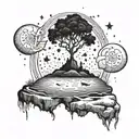 A surreal tattoo of an island floating in the sky, with a lone tree reaching towards the stars and philosophical symbols scattered throughout tattoo design idea