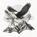 A majestic bald eagle soaring over a mountain landscape with power lines subtly integrated into the design tattoo design idea
