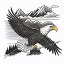 A majestic bald eagle soaring over a mountain landscape with power lines subtly integrated into the design tattoo design idea