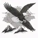 A majestic bald eagle soaring over a mountain landscape with power lines subtly integrated into the design tattoo design idea