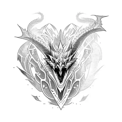 Craft an epic shoulder tattoo design seamlessly blending the majestic presence of a dragon with intricate, powerful armo tattoo design idea