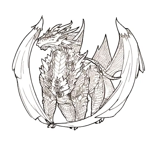 Craft an epic shoulder tattoo design seamlessly blending the majestic presence of a dragon with intricate, powerful armo tattoo design idea