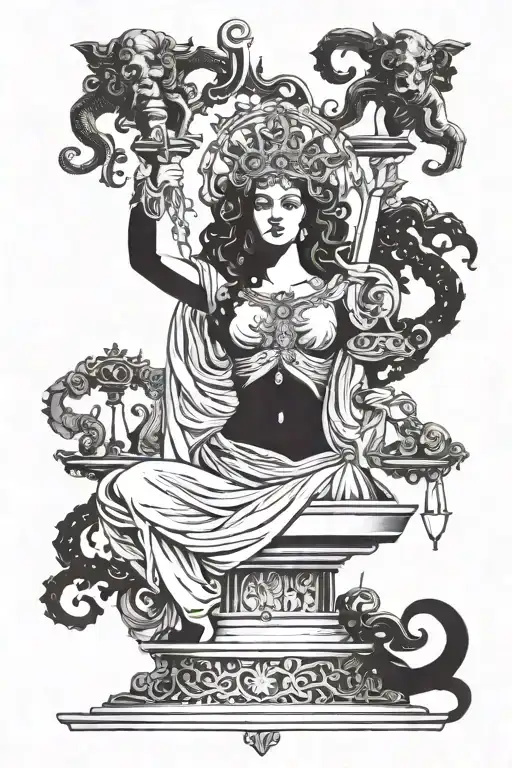staging between the goddess of justice Themis and the gorgon Medusa tattoo design idea